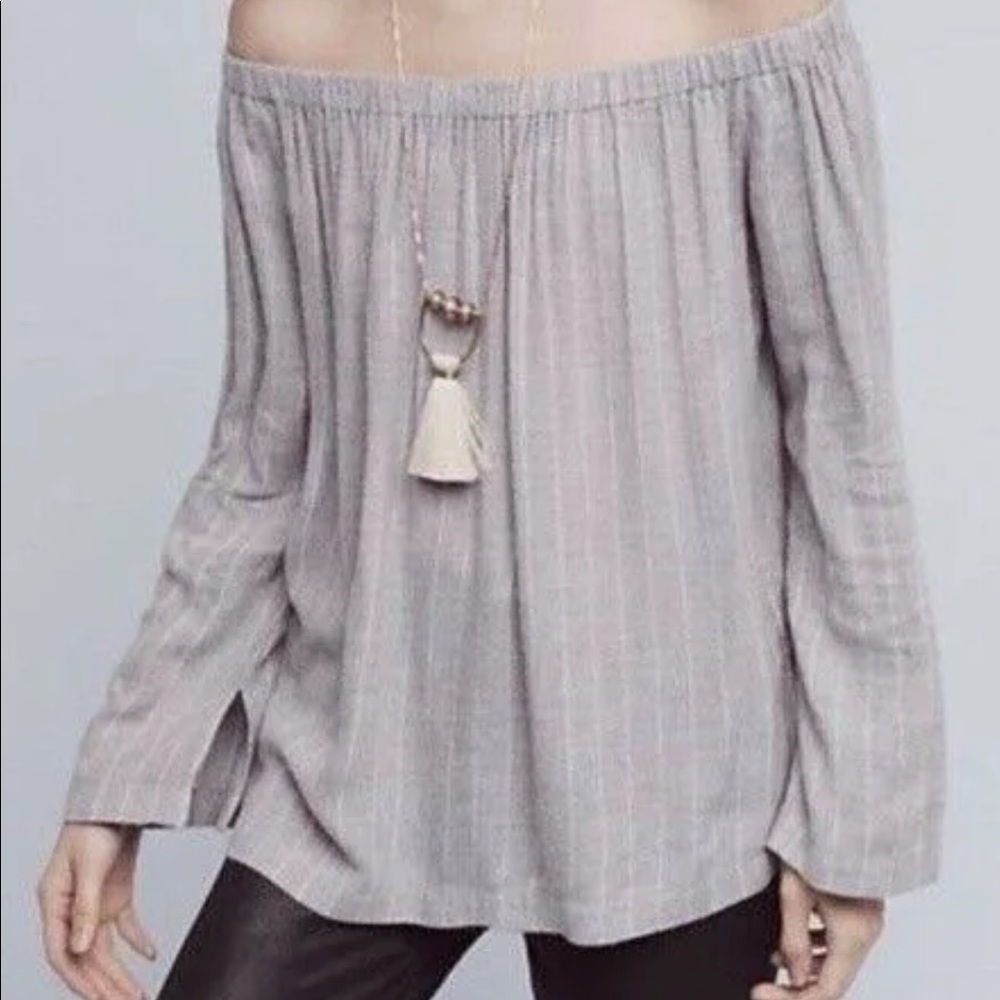 Anthropologie Cloth & Stone Gray and White Striped Off The Shoulder Top XSP